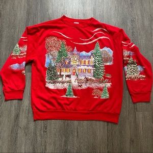 Vintage Christmas Sweater Red Large Graphic Snow